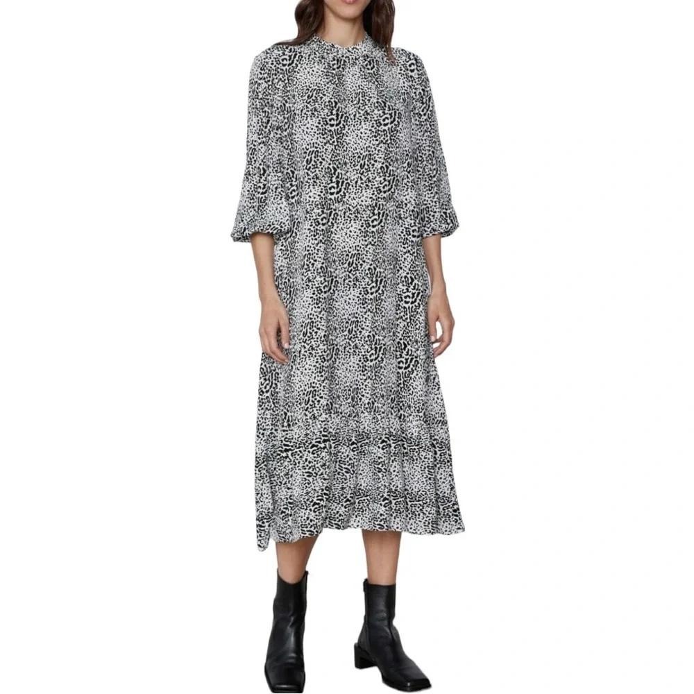 Zara Midi Dress Women XS White Black Animal Print Tiered High Neck Long Sleeve